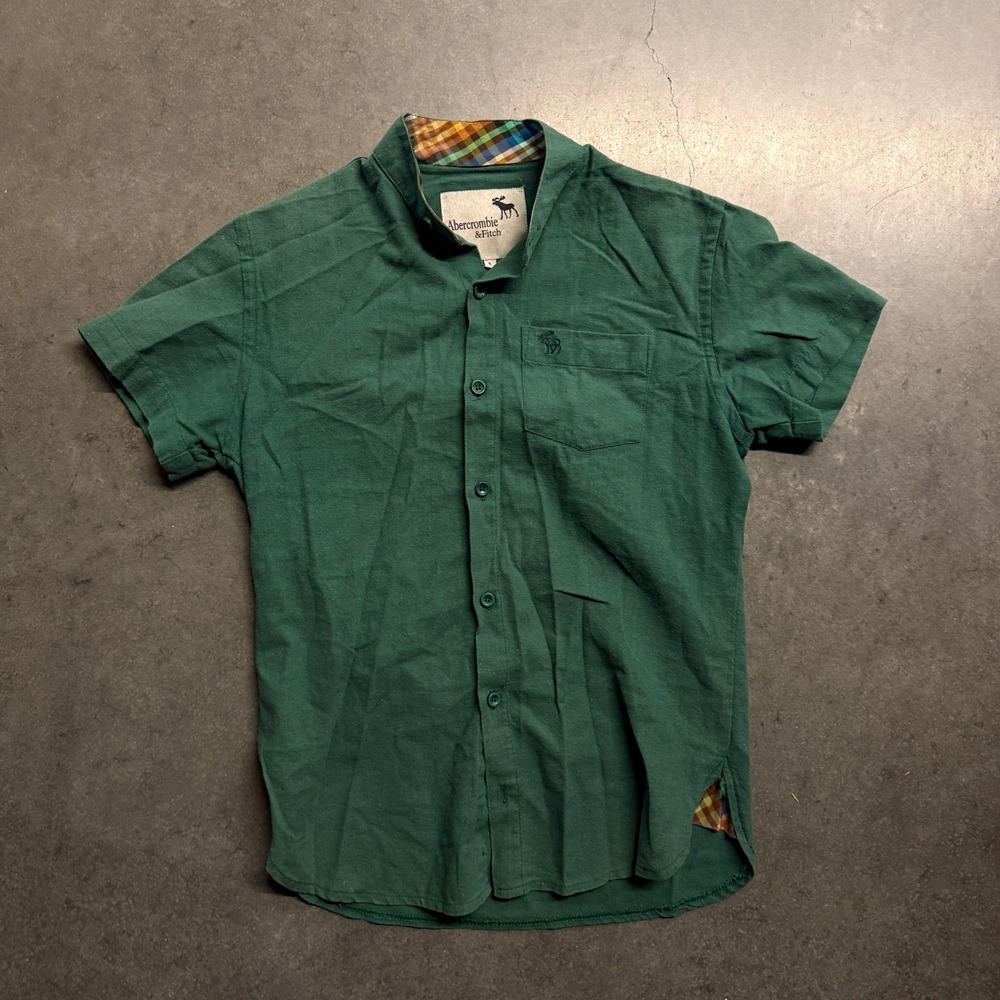 Abercrombie & Fitch Mens Green Short Sleeve Band Collar Button Down Shirt Small